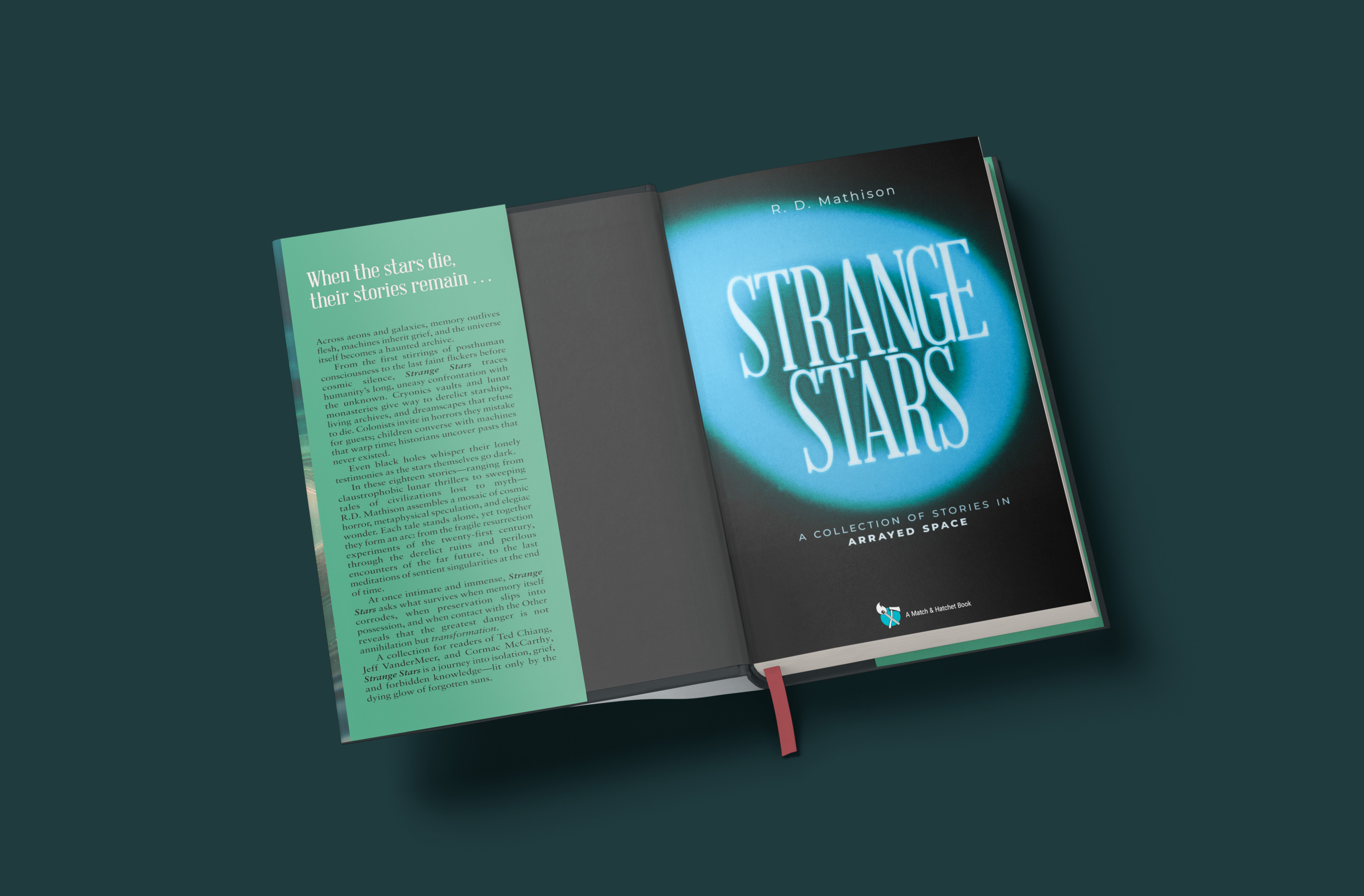 Open Strange Stars hardcover showing endpaper and front cover design