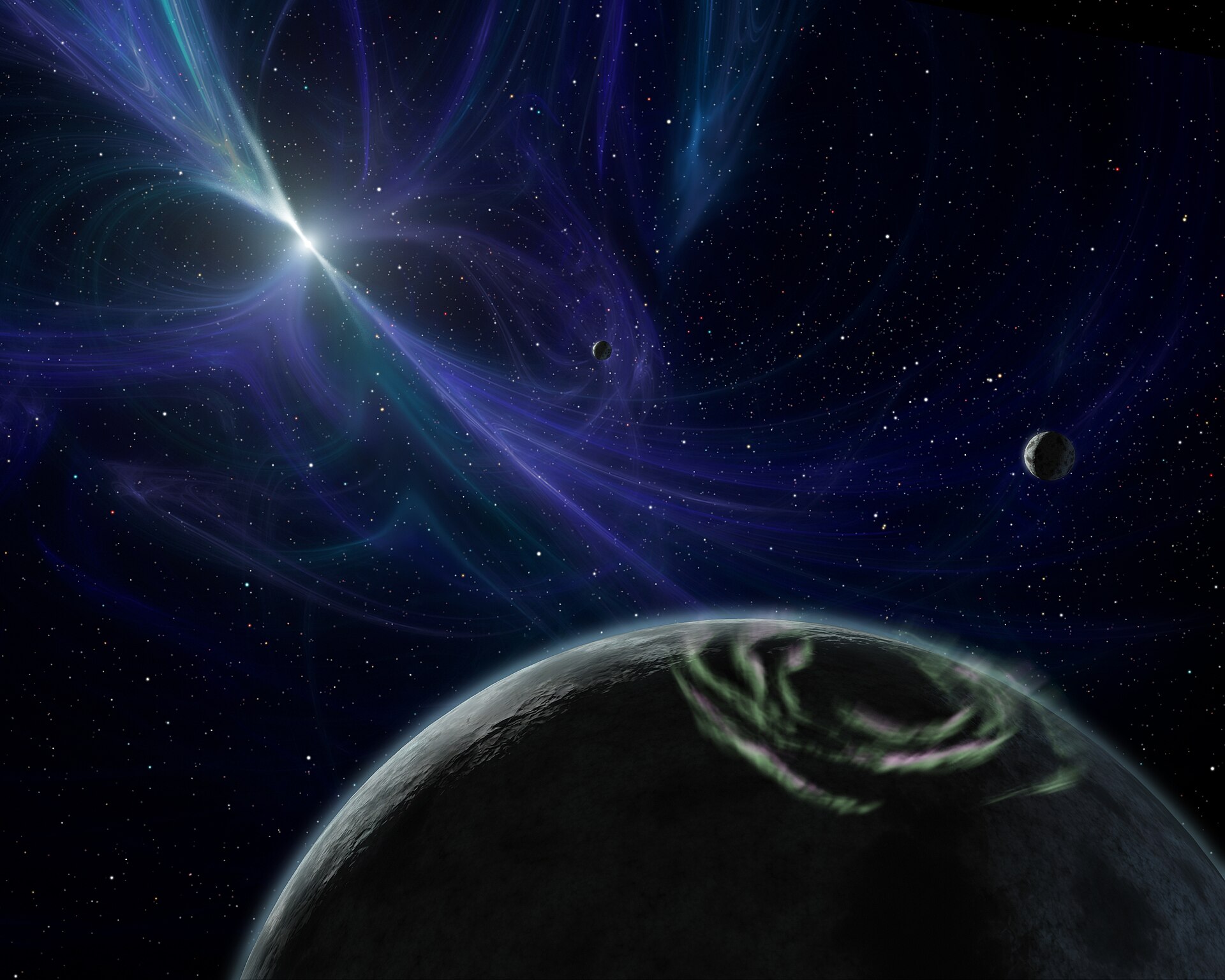 Artist concept of the PSR B1257+12 pulsar planet system.